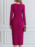 Elegant Asymmetric Neck Long Sleeve Ruched Bodycon Midi Dress