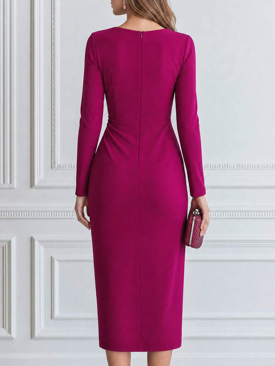 Elegant Asymmetric Neck Long Sleeve Ruched Bodycon Midi Dress