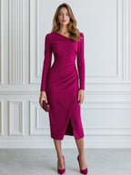 Elegant Asymmetric Neck Long Sleeve Ruched Bodycon Midi Dress