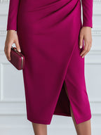 Elegant Asymmetric Neck Long Sleeve Ruched Bodycon Midi Dress
