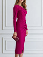 Elegant Asymmetric Neck Long Sleeve Ruched Bodycon Midi Dress