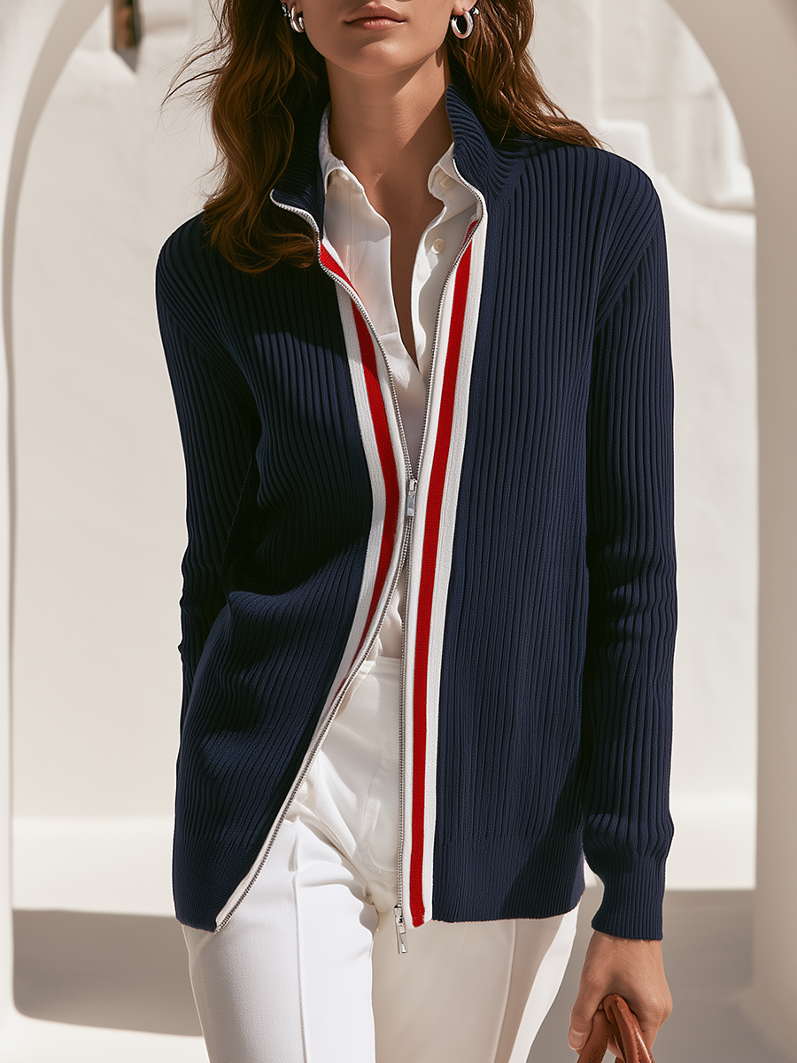 Old Money Striped Trim Navy Ribbed Knit Zip-Up Cardigan