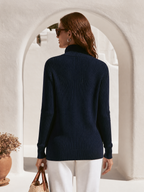 Old Money Striped Trim Navy Ribbed Knit Zip-Up Cardigan