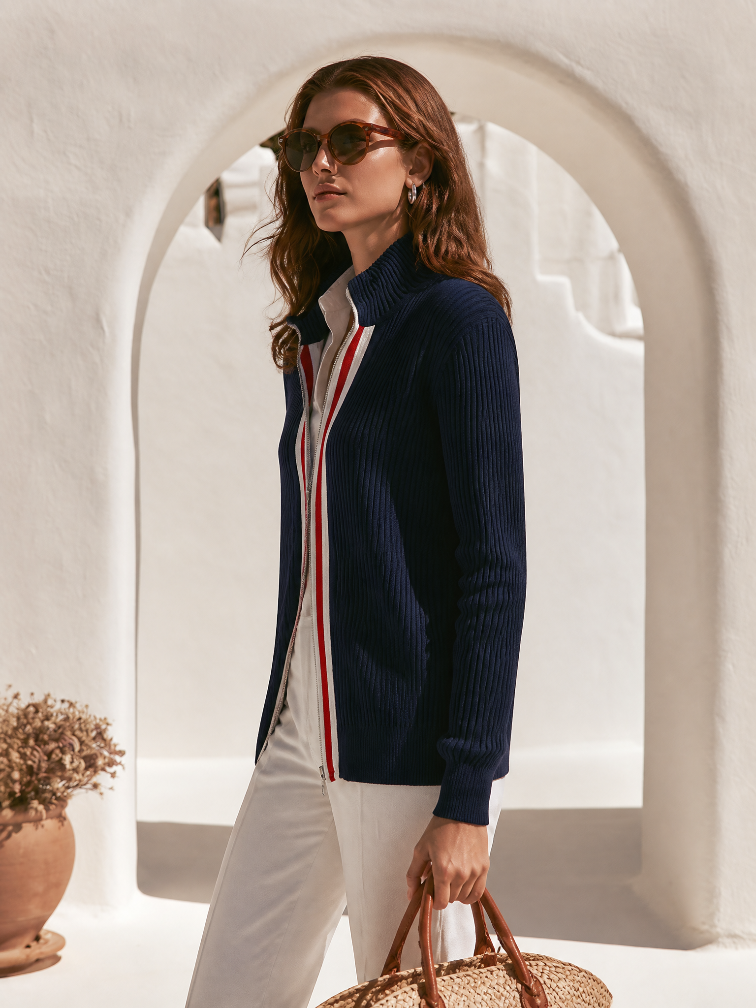 Old Money Striped Trim Navy Ribbed Knit Zip-Up Cardigan