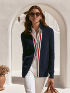 Old Money Striped Trim Navy Ribbed Knit Zip-Up Cardigan