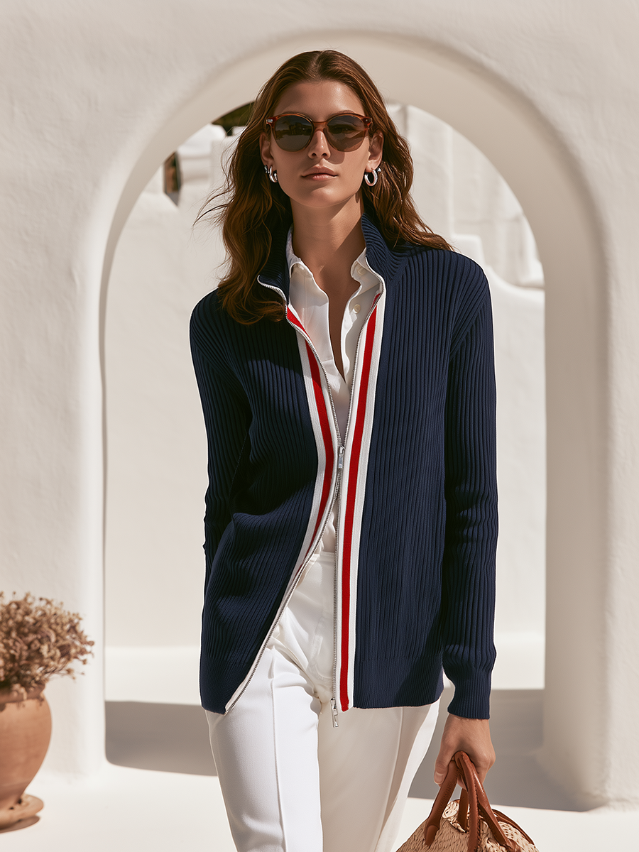 Old Money Striped Trim Navy Ribbed Knit Zip-Up Cardigan