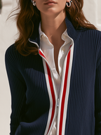 Old Money Striped Trim Navy Ribbed Knit Zip-Up Cardigan