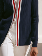 Old Money Striped Trim Navy Ribbed Knit Zip-Up Cardigan
