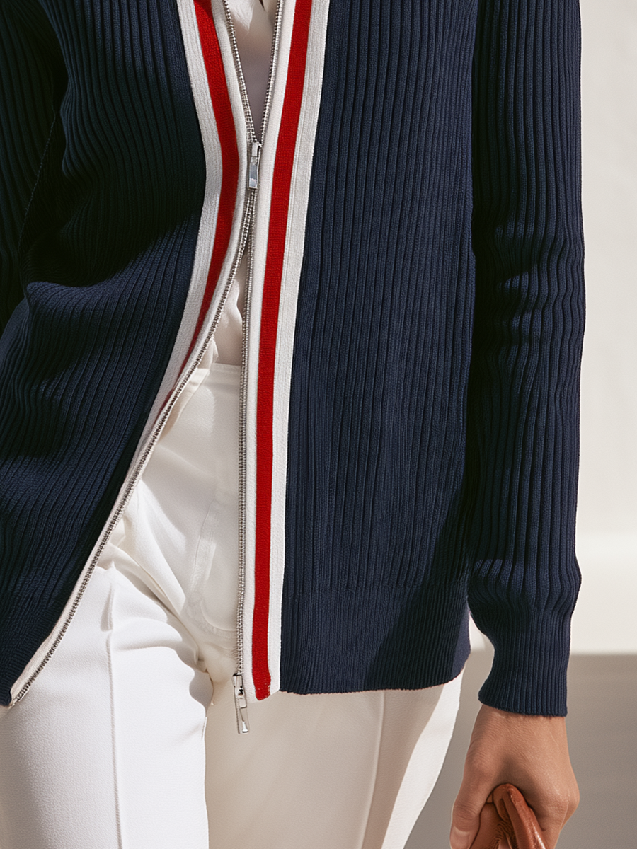 Old Money Striped Trim Navy Ribbed Knit Zip-Up Cardigan