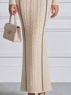 Cable Knit Contrast-Trim Collared Button Maxi Sweater Dress