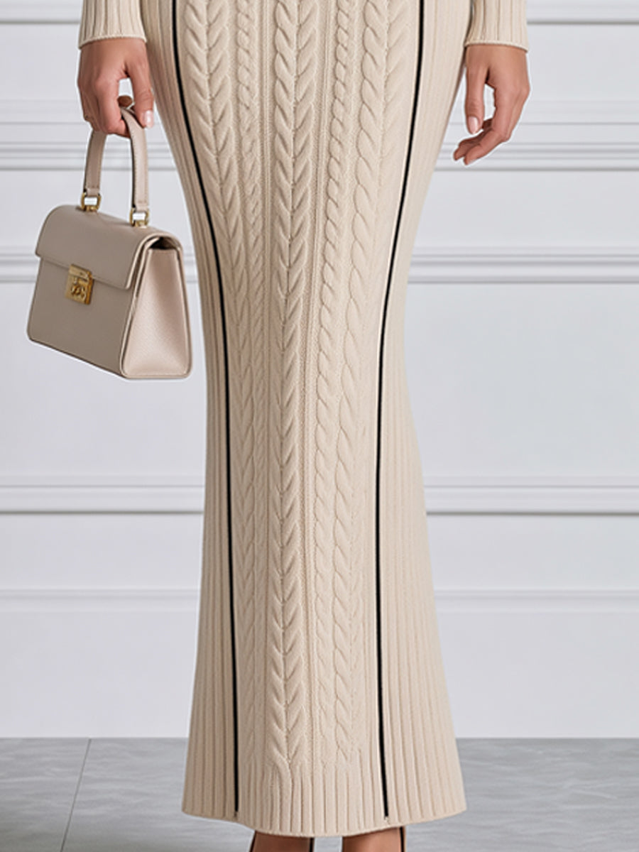 Cable Knit Contrast-Trim Collared Button Maxi Sweater Dress