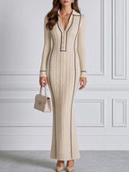 Cable Knit Contrast-Trim Collared Button Maxi Sweater Dress