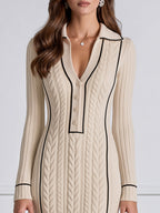 Cable Knit Contrast-Trim Collared Button Maxi Sweater Dress