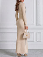 Cable Knit Contrast-Trim Collared Button Maxi Sweater Dress