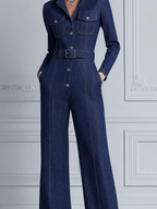 Dark Denim Fall Fashion Belted Shirt Wide Leg Jumpsuit