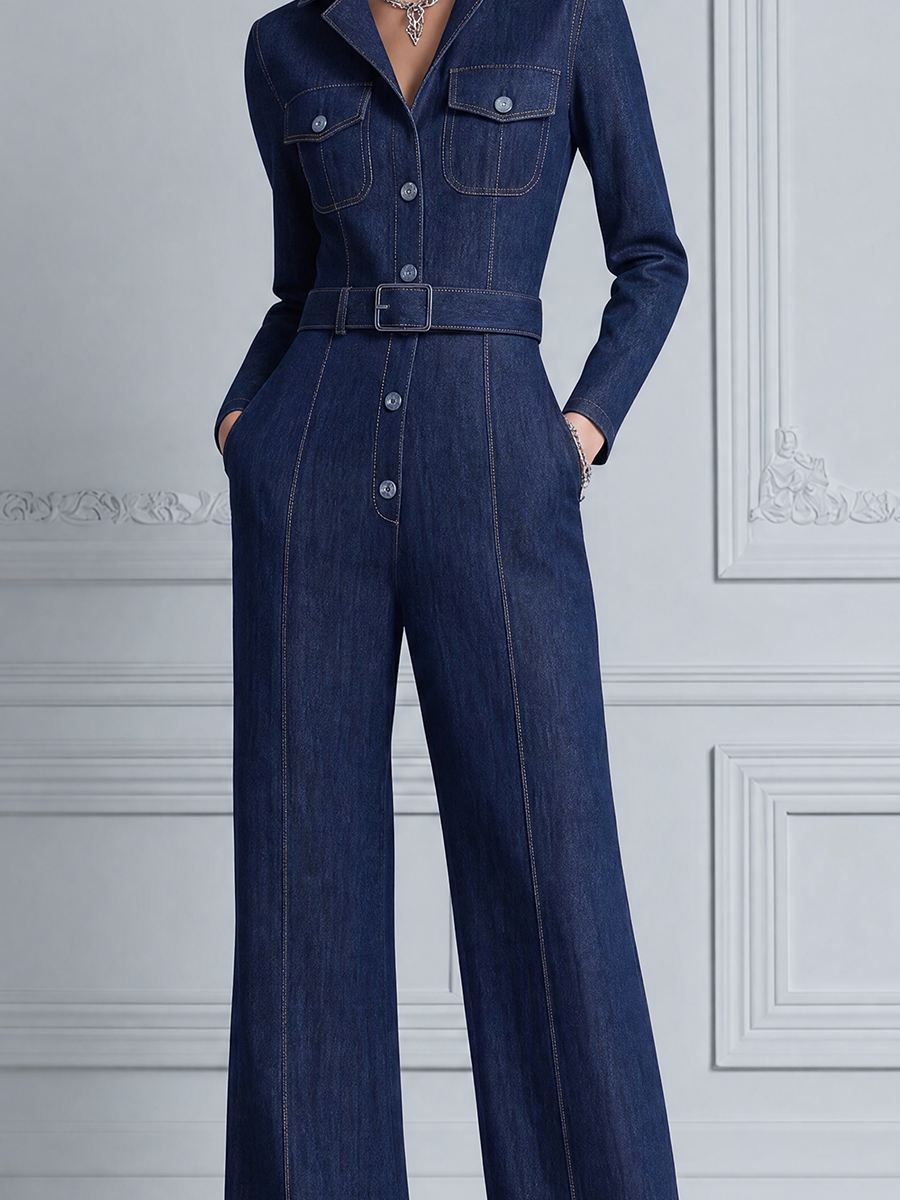 Dark Denim Fall Fashion Belted Shirt Wide Leg Jumpsuit