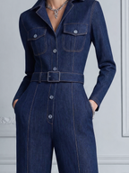 Dark Denim Fall Fashion Belted Shirt Wide Leg Jumpsuit