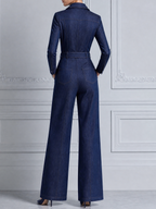 Dark Denim Fall Fashion Belted Shirt Wide Leg Jumpsuit