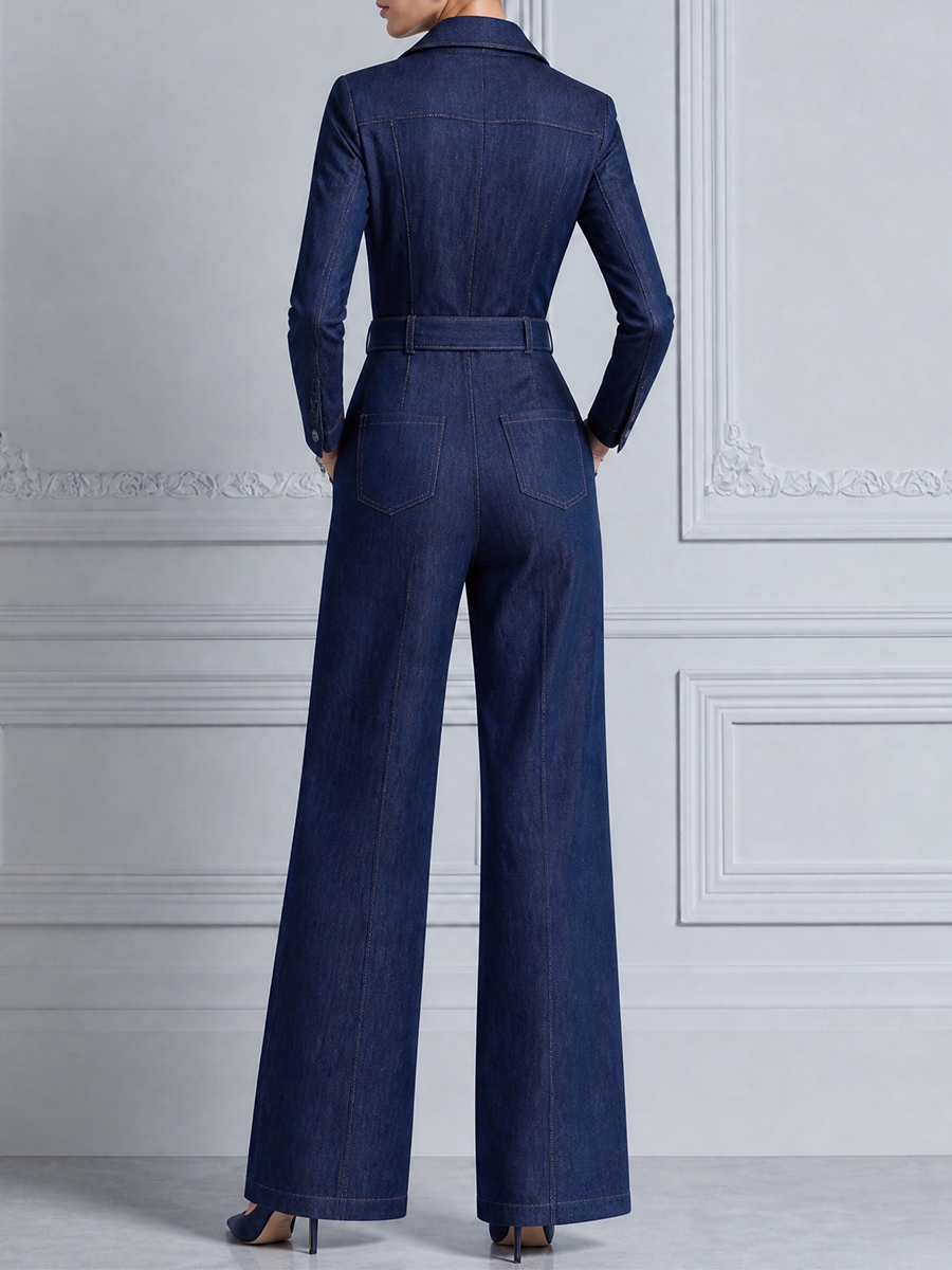 Dark Denim Fall Fashion Belted Shirt Wide Leg Jumpsuit