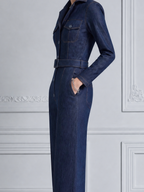 Dark Denim Fall Fashion Belted Shirt Wide Leg Jumpsuit
