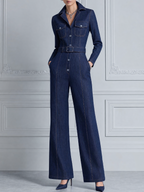 Dark Denim Fall Fashion Belted Shirt Wide Leg Jumpsuit