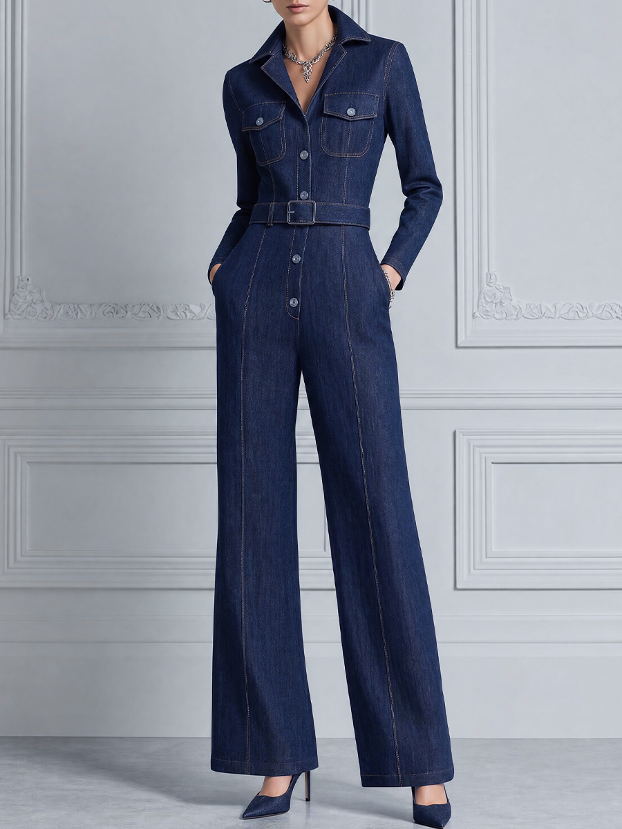 Dark Denim Fall Fashion Belted Shirt Wide Leg Jumpsuit