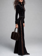 Boho Suede Zip-Up Jacket & Lace-Trim Flare Pants Set