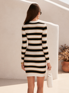 Old Money Striped Knit Long Sleeve Bodycon Mini Dress