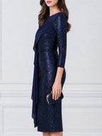 Elegant Sequin Asymmetric Draped Overlay Sheath Midi Dress