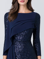 Elegant Sequin Asymmetric Draped Overlay Sheath Midi Dress