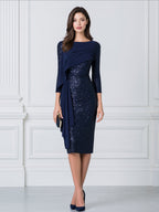Elegant Sequin Asymmetric Draped Overlay Sheath Midi Dress