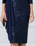 Elegant Sequin Asymmetric Draped Overlay Sheath Midi Dress