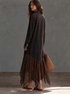 Women's Long Sleeve Denim Maxi Dress with Lace Handkerchief Hem