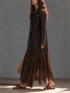 Women's Long Sleeve Denim Maxi Dress with Lace Handkerchief Hem