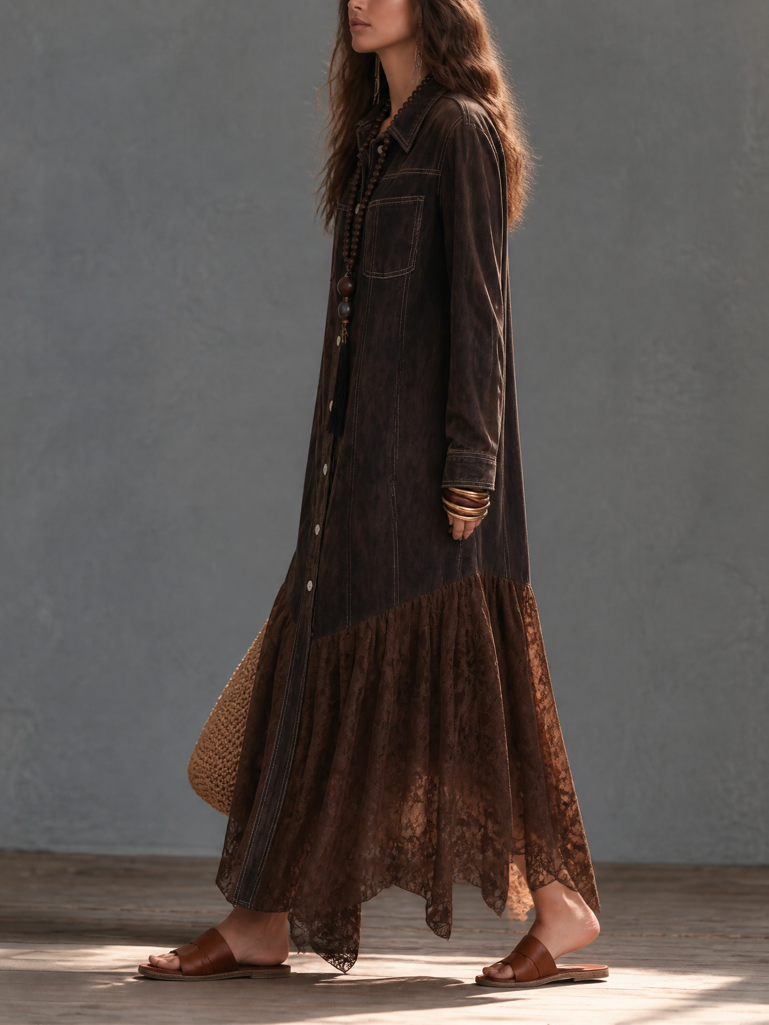 Women's Long Sleeve Denim Maxi Dress with Lace Handkerchief Hem