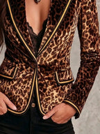 Vintage Brown Animal Print Velvet Blazer With Contrast Trim