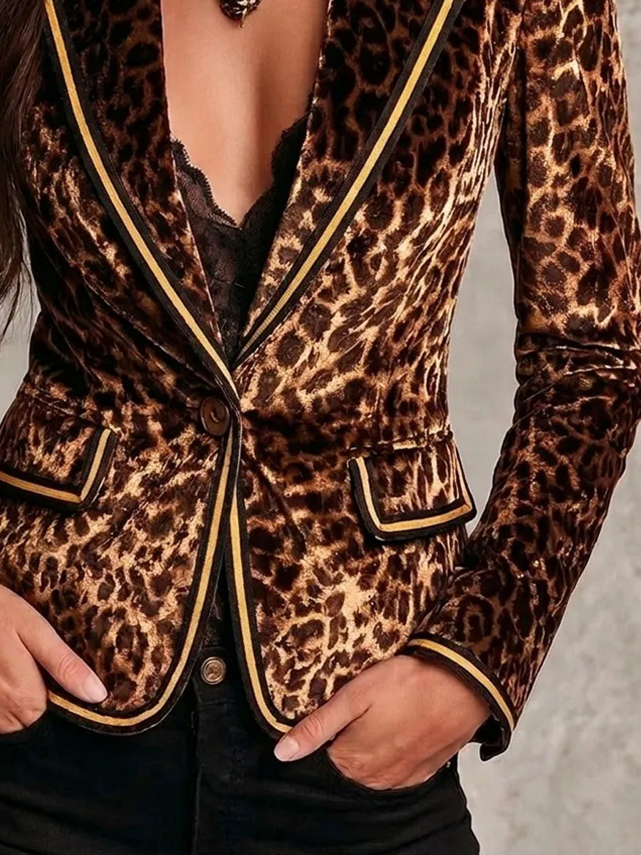 Vintage Brown Animal Print Velvet Blazer With Contrast Trim