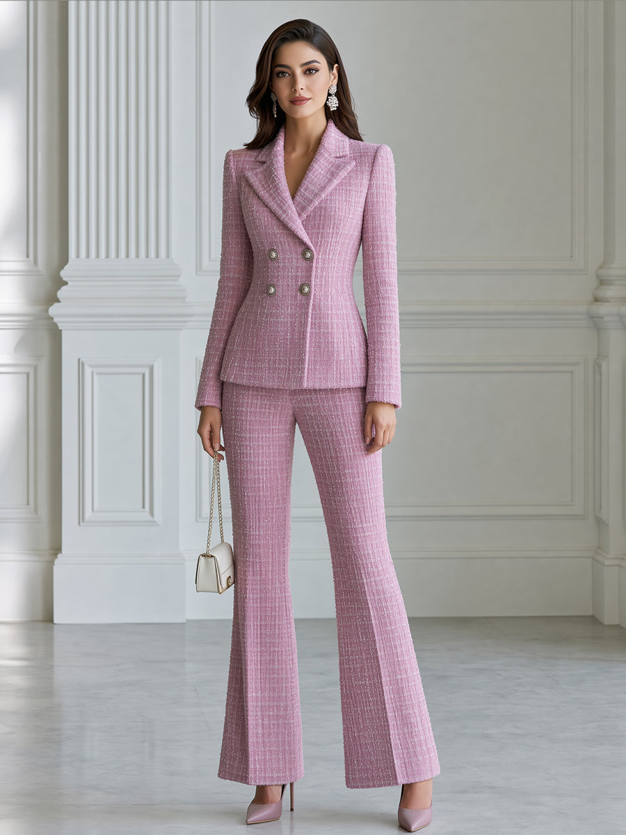 Tweed Double-Breasted Blazer & Flare Pants Two-Piece Suit Set