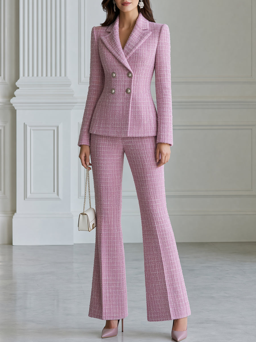 Tweed Double-Breasted Blazer & Flare Pants Two-Piece Suit Set