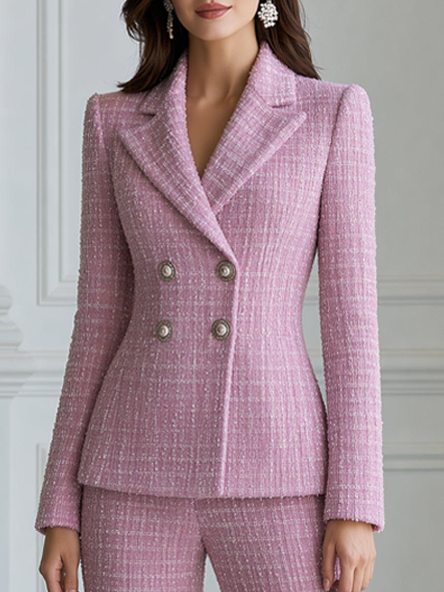 Tweed Double-Breasted Blazer & Flare Pants Two-Piece Suit Set