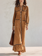 Refined Camel Contrast-Trim Utility Shirt Maxi Dress