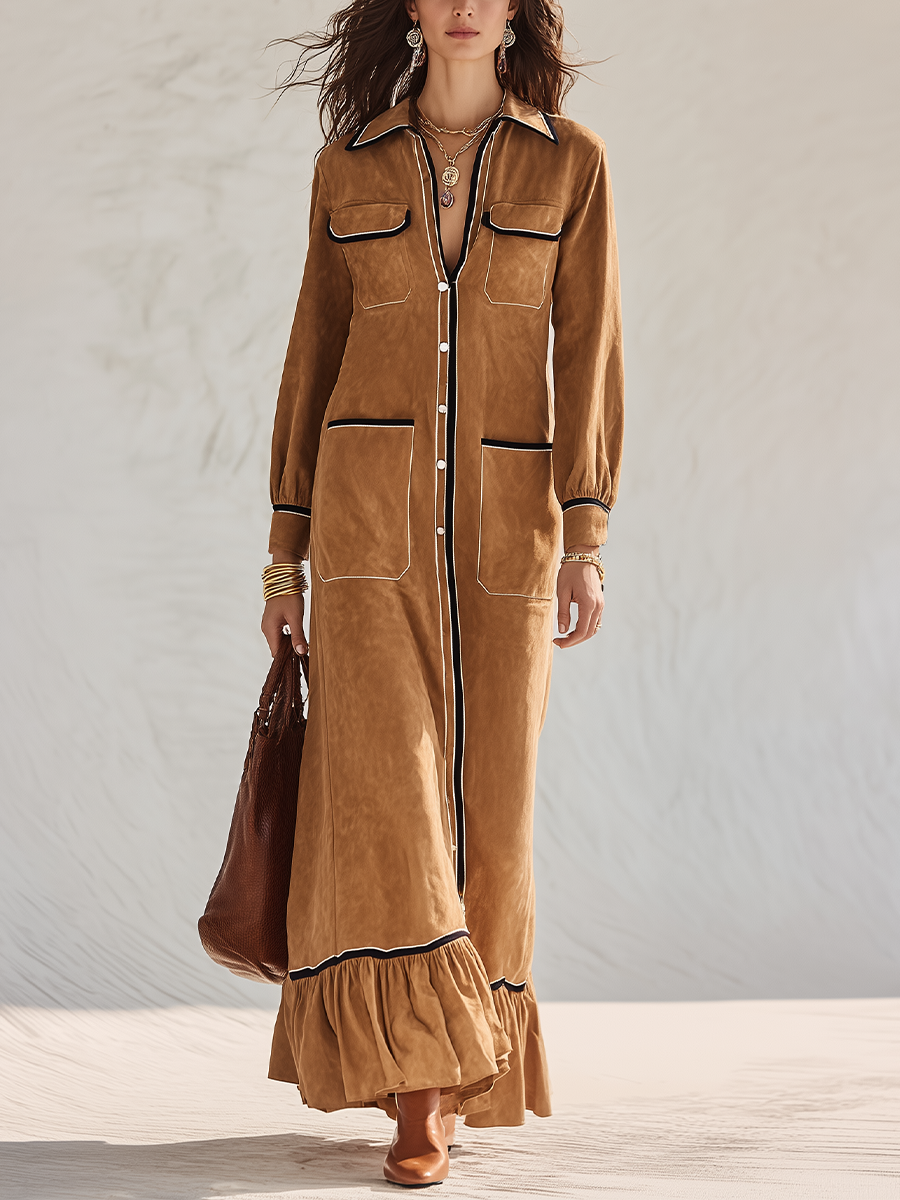 Refined Camel Contrast-Trim Utility Shirt Maxi Dress