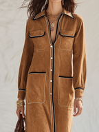 Refined Camel Contrast-Trim Utility Shirt Maxi Dress