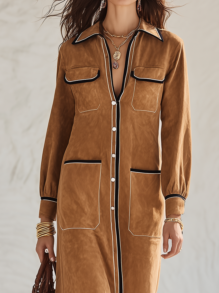 Refined Camel Contrast-Trim Utility Shirt Maxi Dress