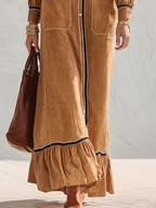 Refined Camel Contrast-Trim Utility Shirt Maxi Dress