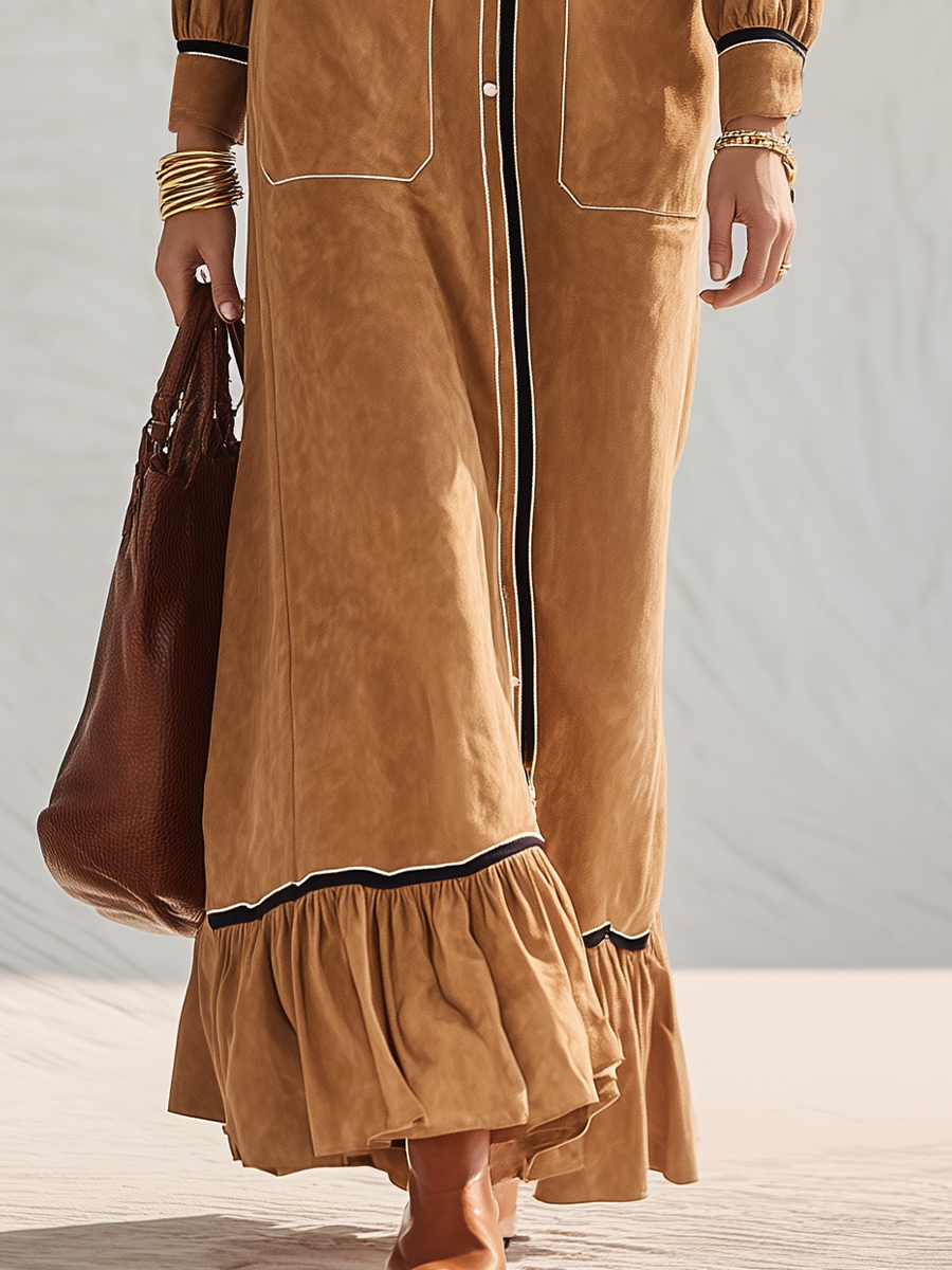 Refined Camel Contrast-Trim Utility Shirt Maxi Dress