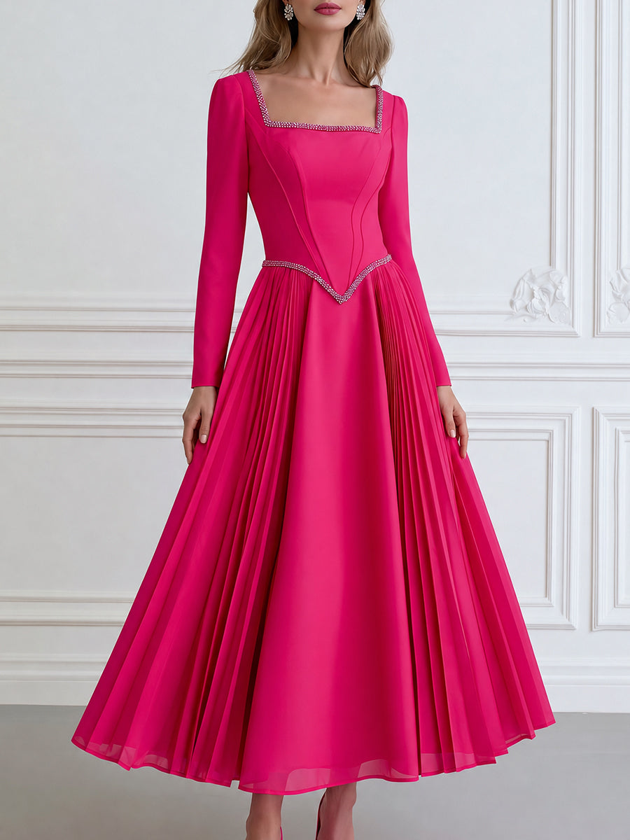 Elegant Hot Pink Square Neck Long Sleeve Pleated A-Line Midi Dress