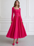 Elegant Hot Pink Square Neck Long Sleeve Pleated A-Line Midi Dress
