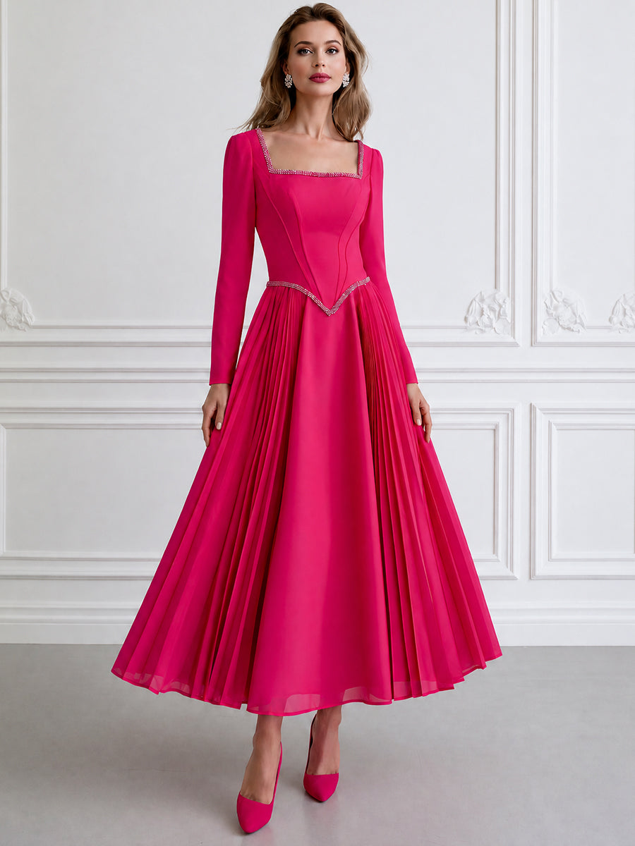 Elegant Hot Pink Square Neck Long Sleeve Pleated A-Line Midi Dress