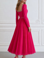 Elegant Hot Pink Square Neck Long Sleeve Pleated A-Line Midi Dress